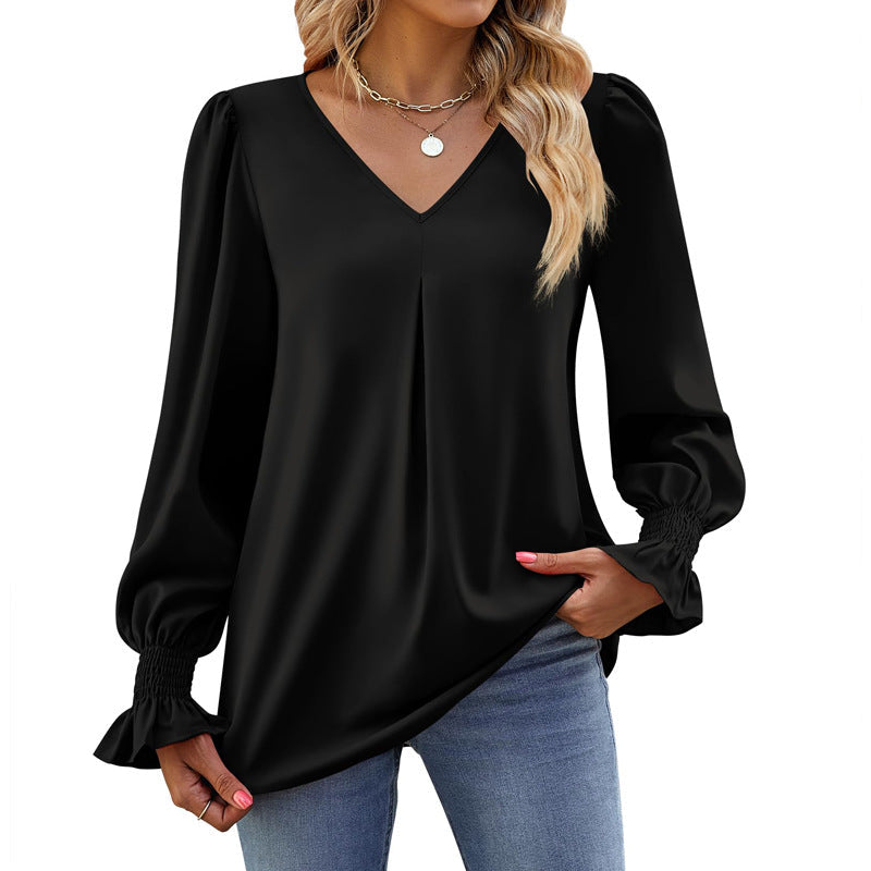 Valenzora | Solid color V-neck top with puff sleeves and long sleeves