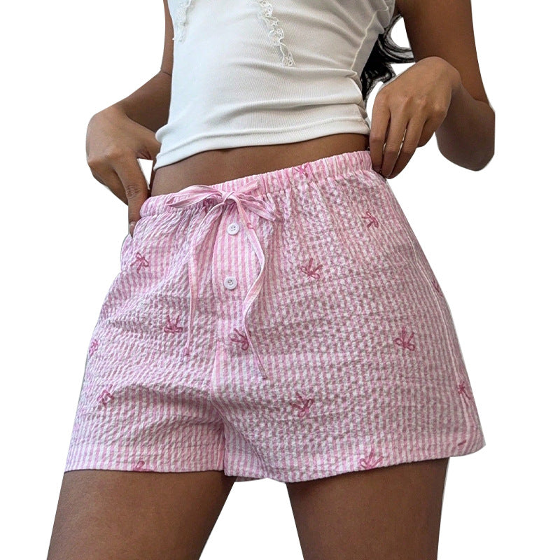 Women's short sleep shorts with a cute striped pattern and decorative embroidery, size S