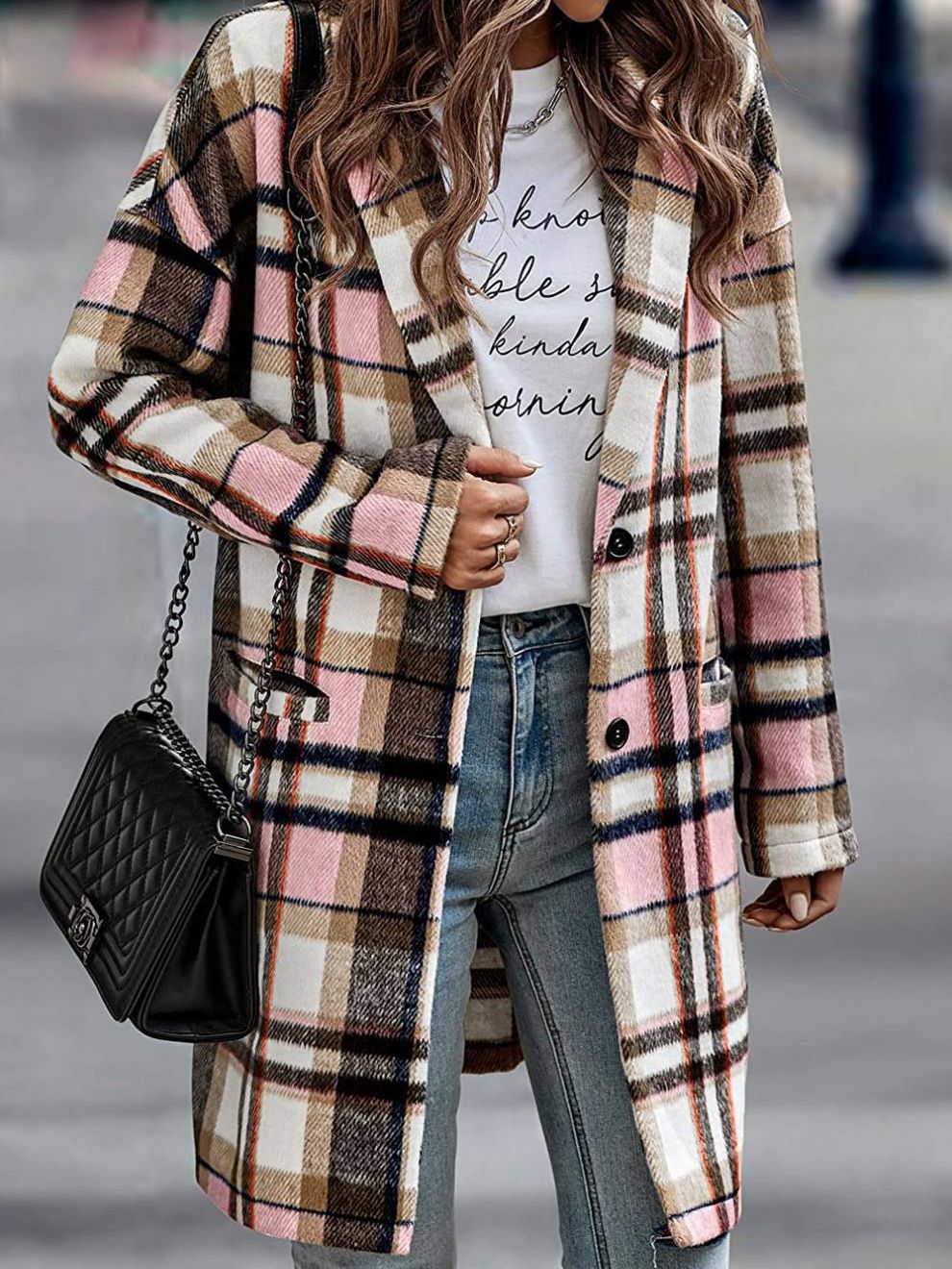 Damen karierte lange Jacke mit Kapuze und Taschen, Größe