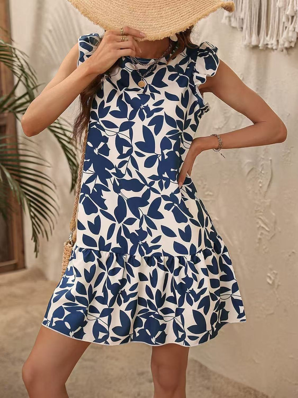 Damen-Sommerkleid mit Rüschen und Blumenmuster, Größe