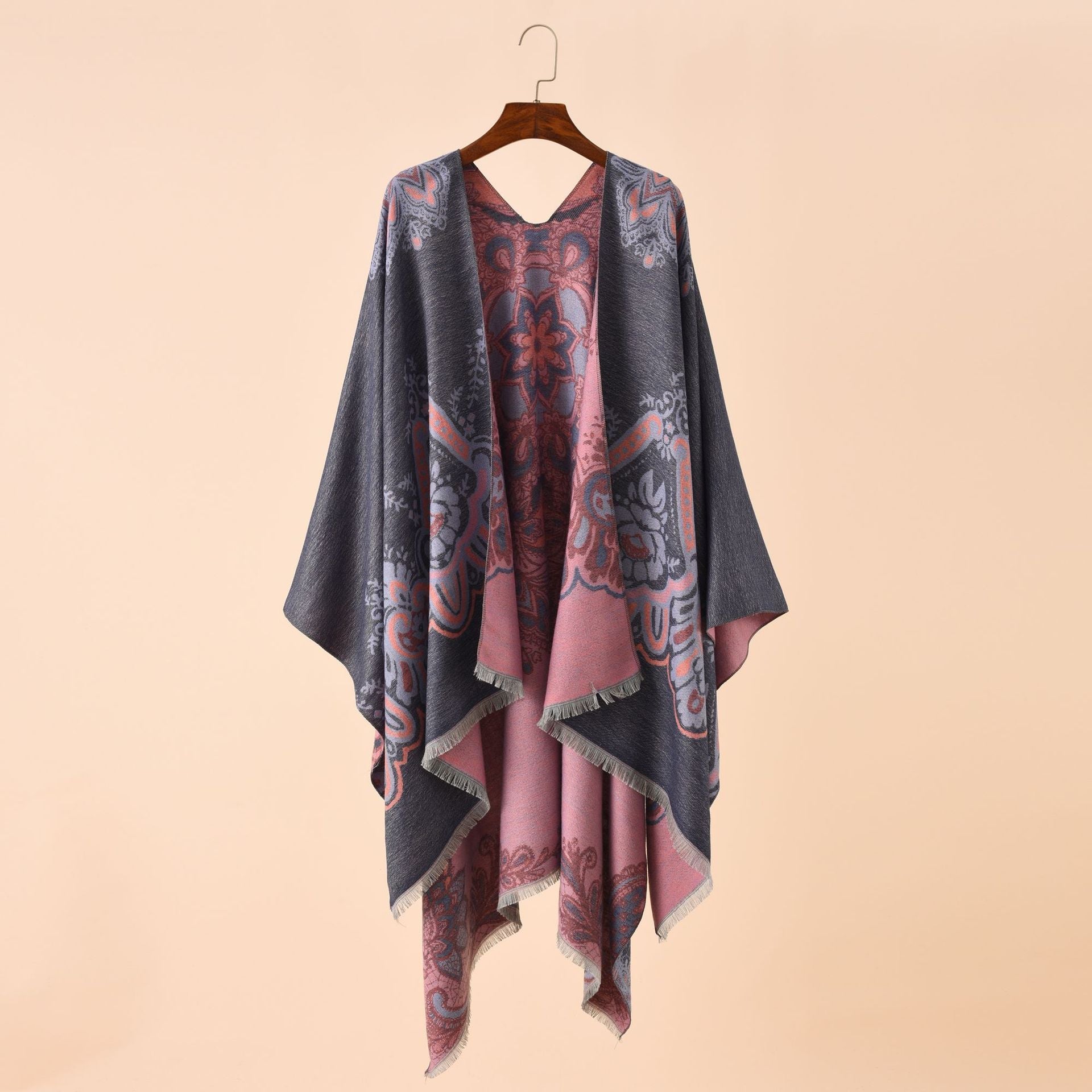Women's Elegant Kimono Poncho with Artful Pattern and Fringed Edges Valenzora