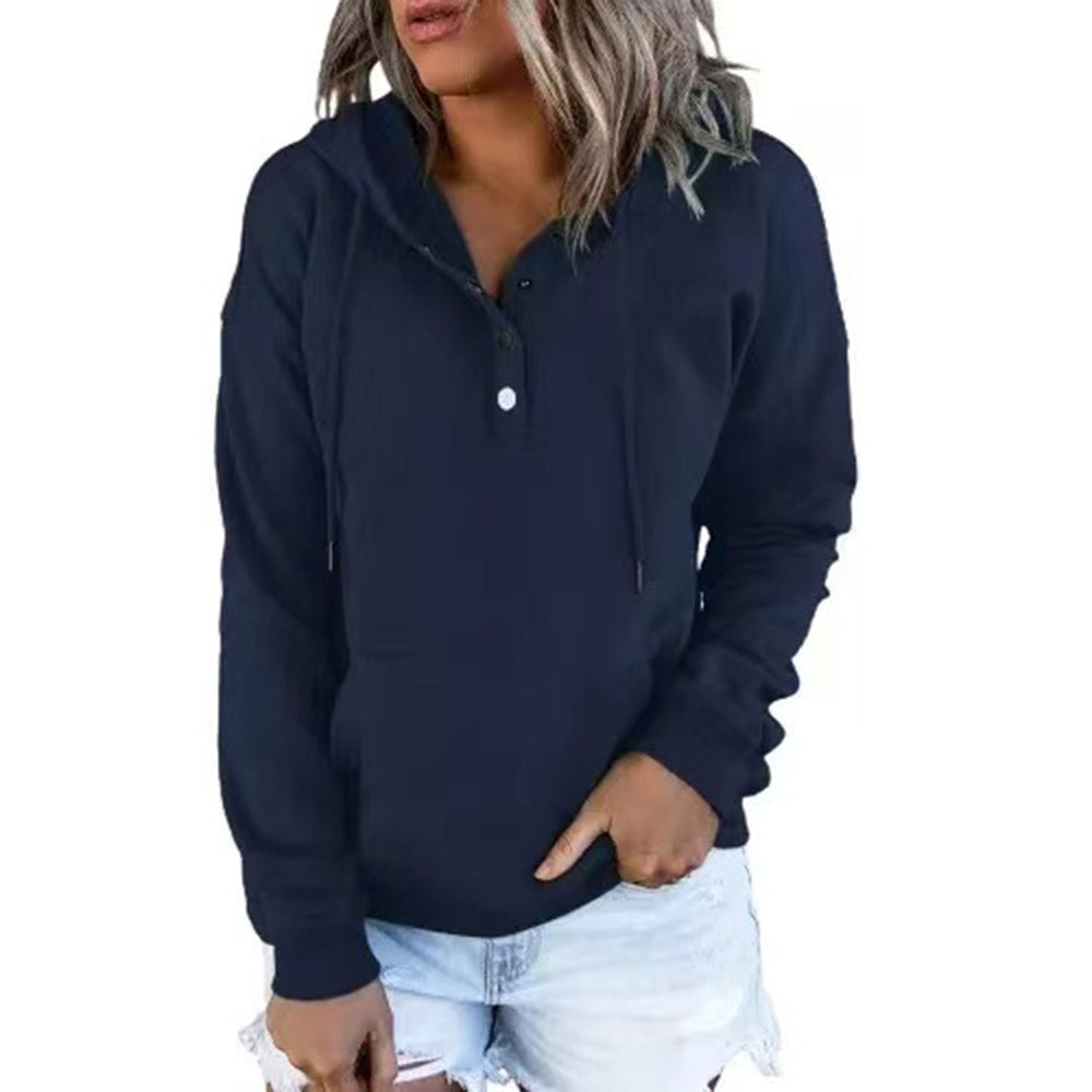 Women's hooded sweatshirt with button placket and relaxed fit, size