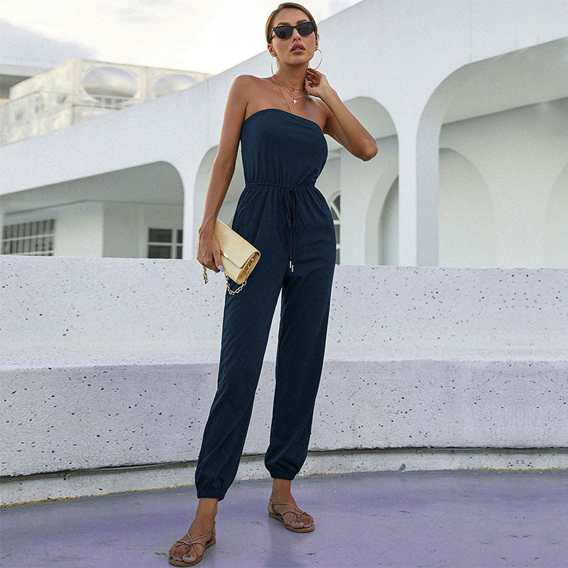 Women's jumpsuit with strapless design and elastic waist belt, size