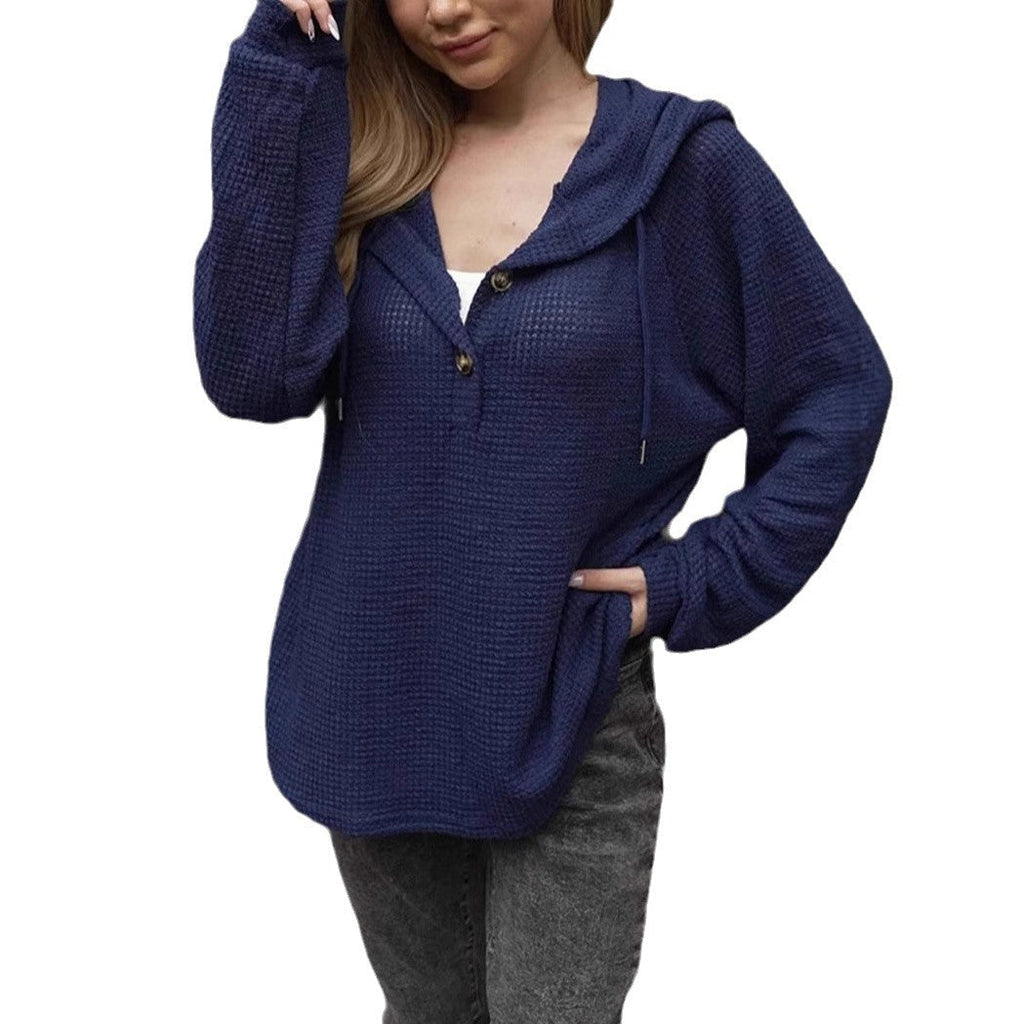 Valenzora | Solid Color Button Drawstring Loose Long Sleeve Hoodie