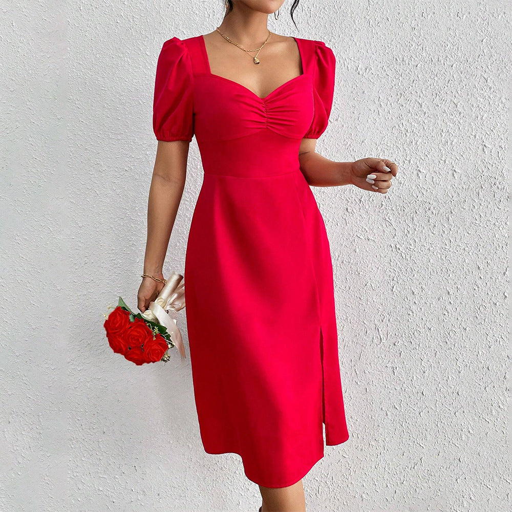 Women's midi dress with puff sleeves and sophisticated ruffle detail, size Valenzora