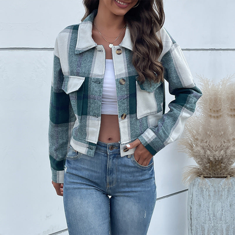 Women's checked blouson jacket with decorative buttons and chest pockets, size