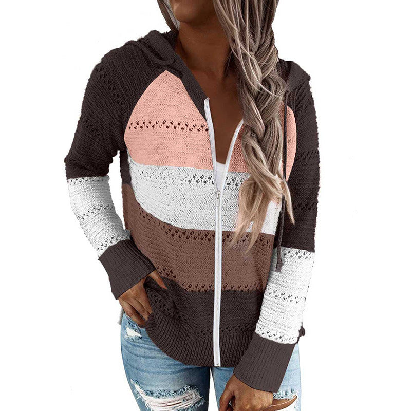 Women's casual cardigan with hood and decorative openwork pattern, size