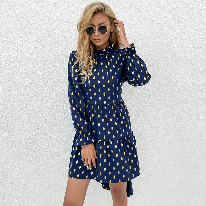 Women's midi dress with modern ruffle details and elegant polka dot pattern, size [size missing]