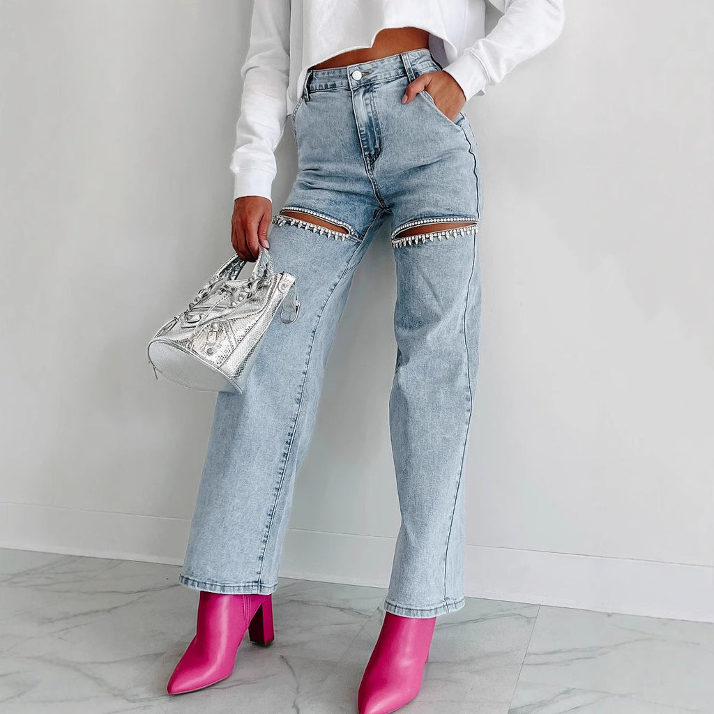 Women's wide-leg jeans with cut-out details and elegant fringe, size Valenzora