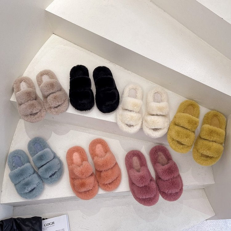 Women's Fluffy Slippers with Double Straps and Soft Lining, Size