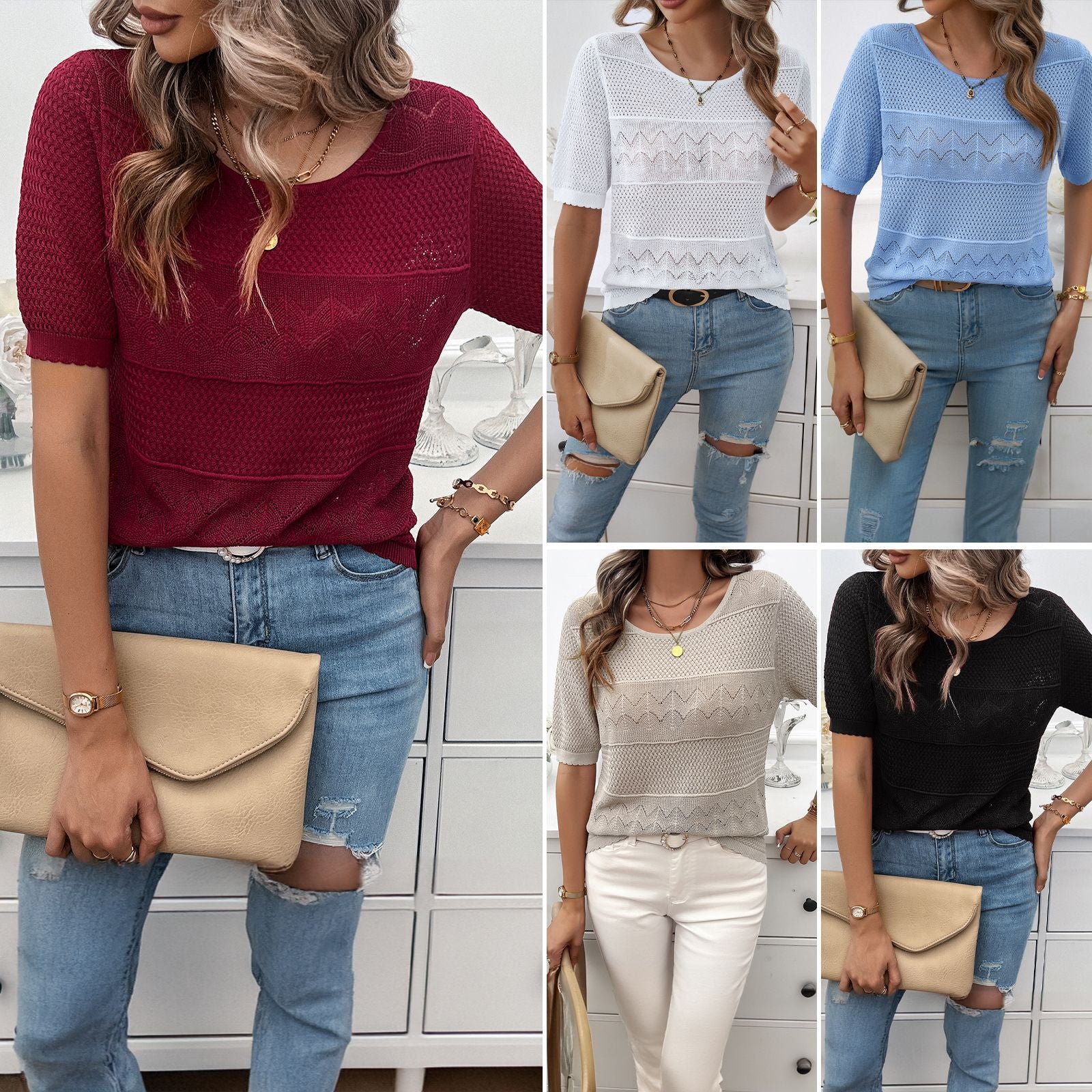 Women's airy knit top with fashionable openwork pattern and charming ruffled hem, size S