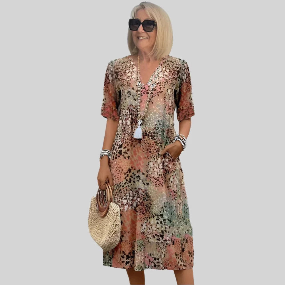 Damen lockeres Sommerkleid mit V-Ausschnitt und Taschen