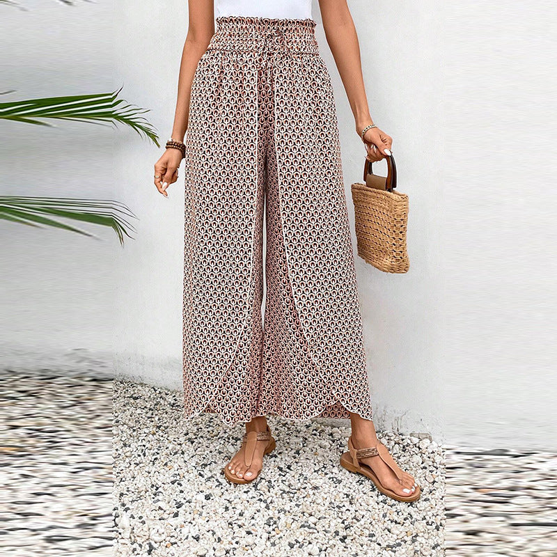 Women's wide-leg summer trousers with floral pattern and elasticated waistband, size