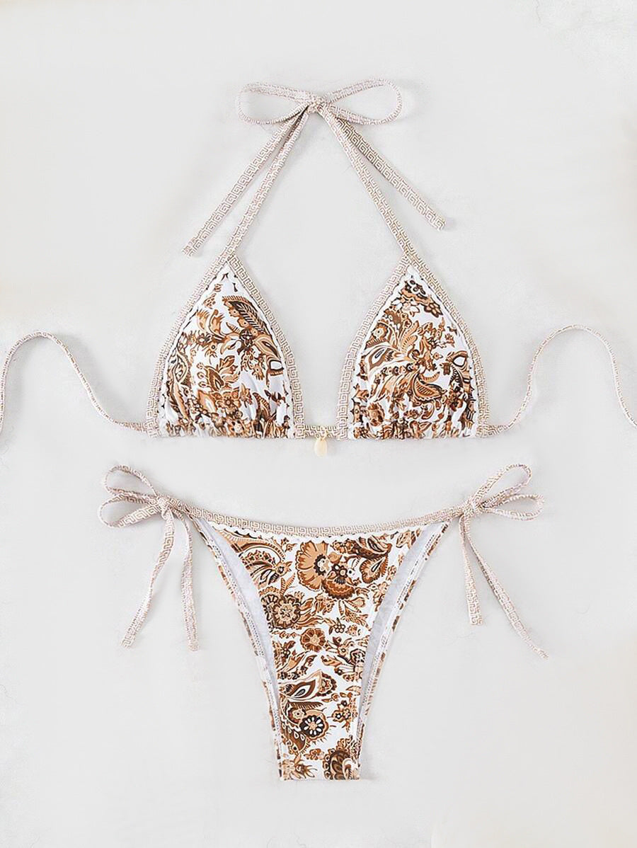 Women's triangle bikini set with playful floral pattern and adjustable ties, size [size]