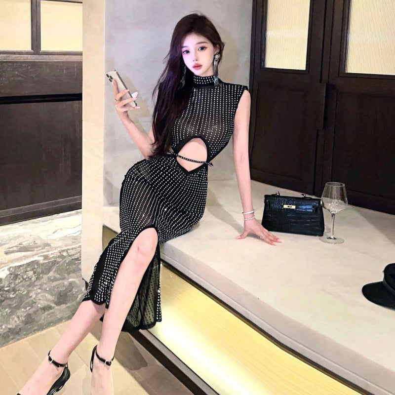 ValenzoraMODE | Sexy Mesh Sheer Rhinestone Hollow Split Bodycon Dress