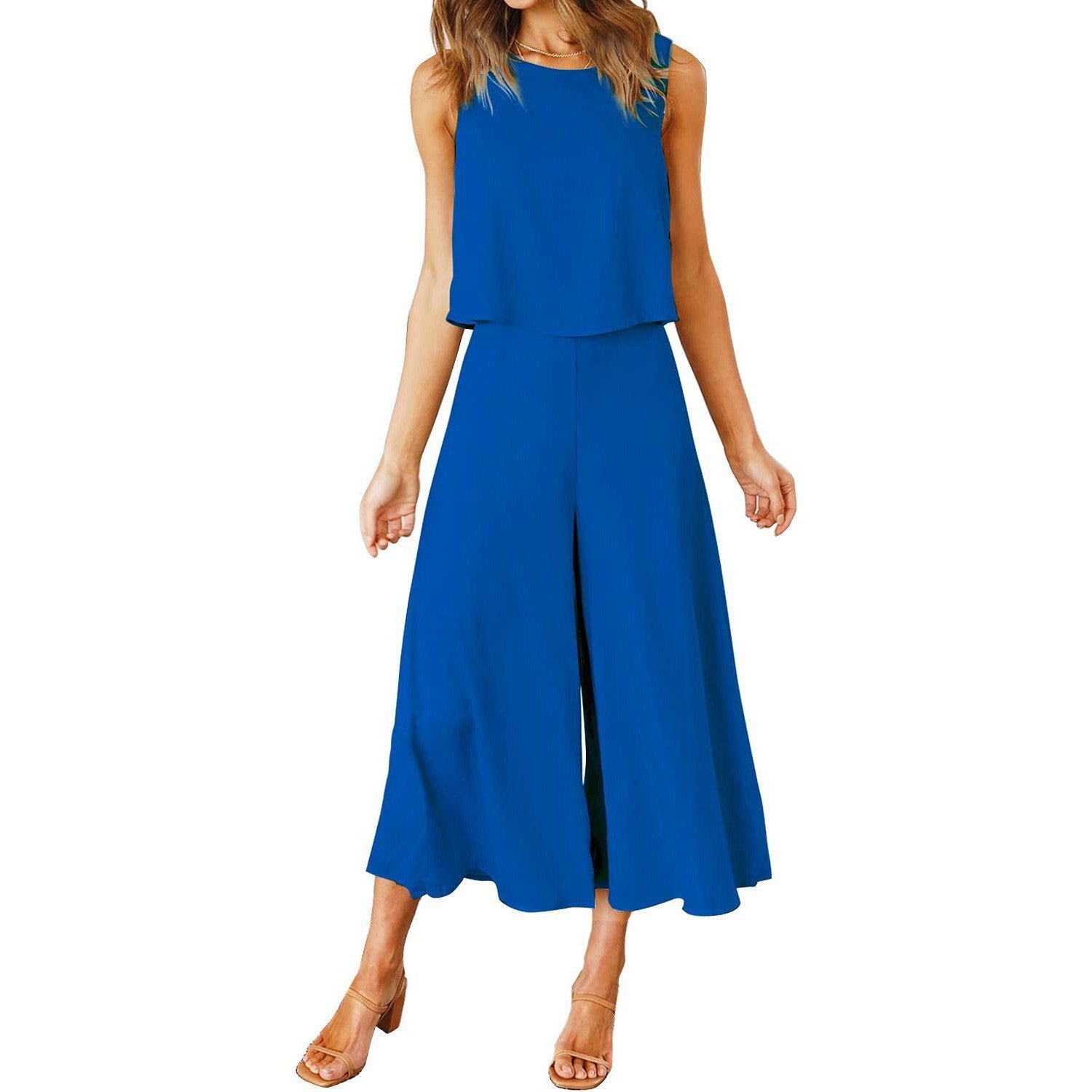 Women's airy jumpsuit with flared leg and sleeveless design, size S