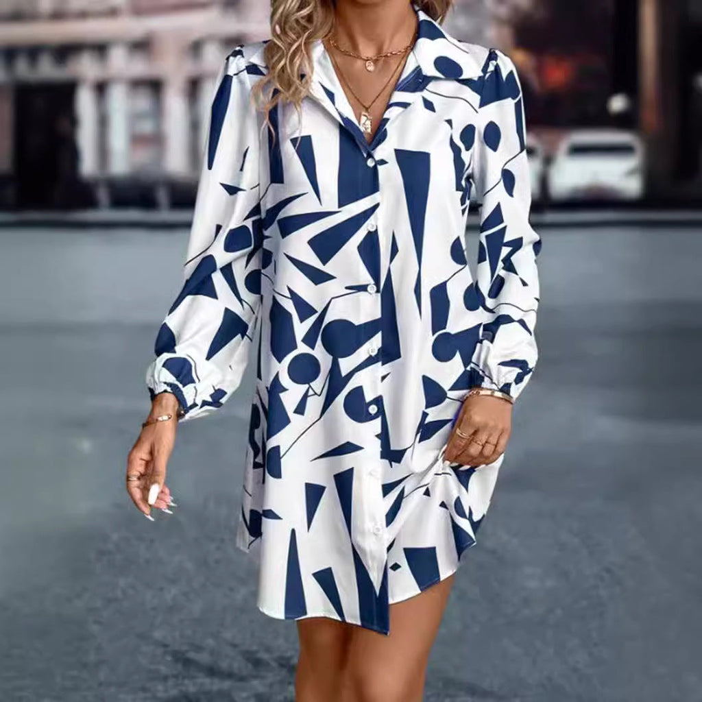 Women's shirt dress with modern geometric print and practical button details Drune