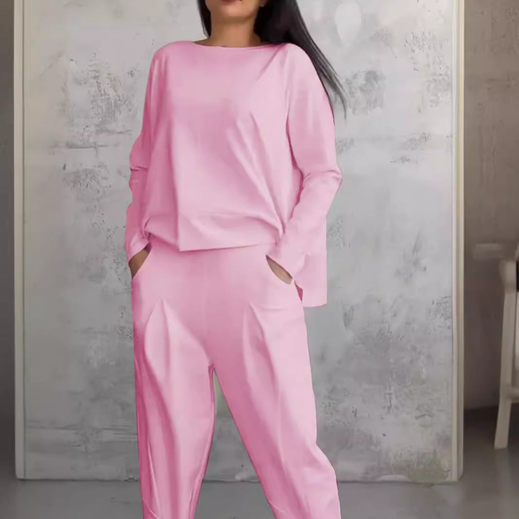 Valenzora | Solid color slim-fit trouser suit with round neckline