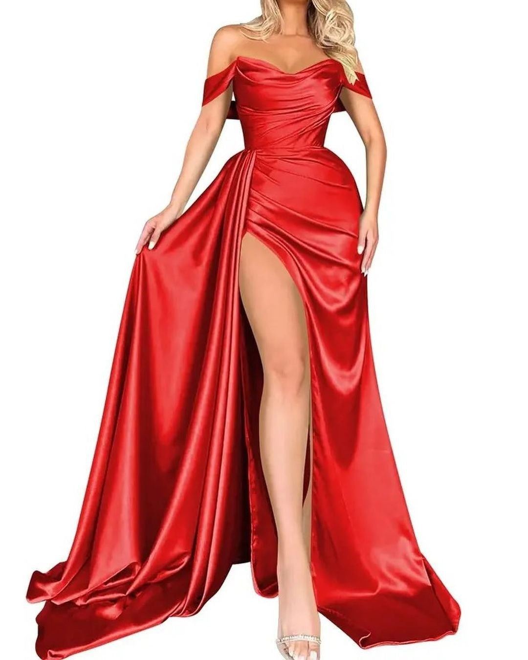 Damen schulterfreies Abendkleid mit hohem Beinschlitz und voluminösem Rock, Größe [Größe fehlt]
