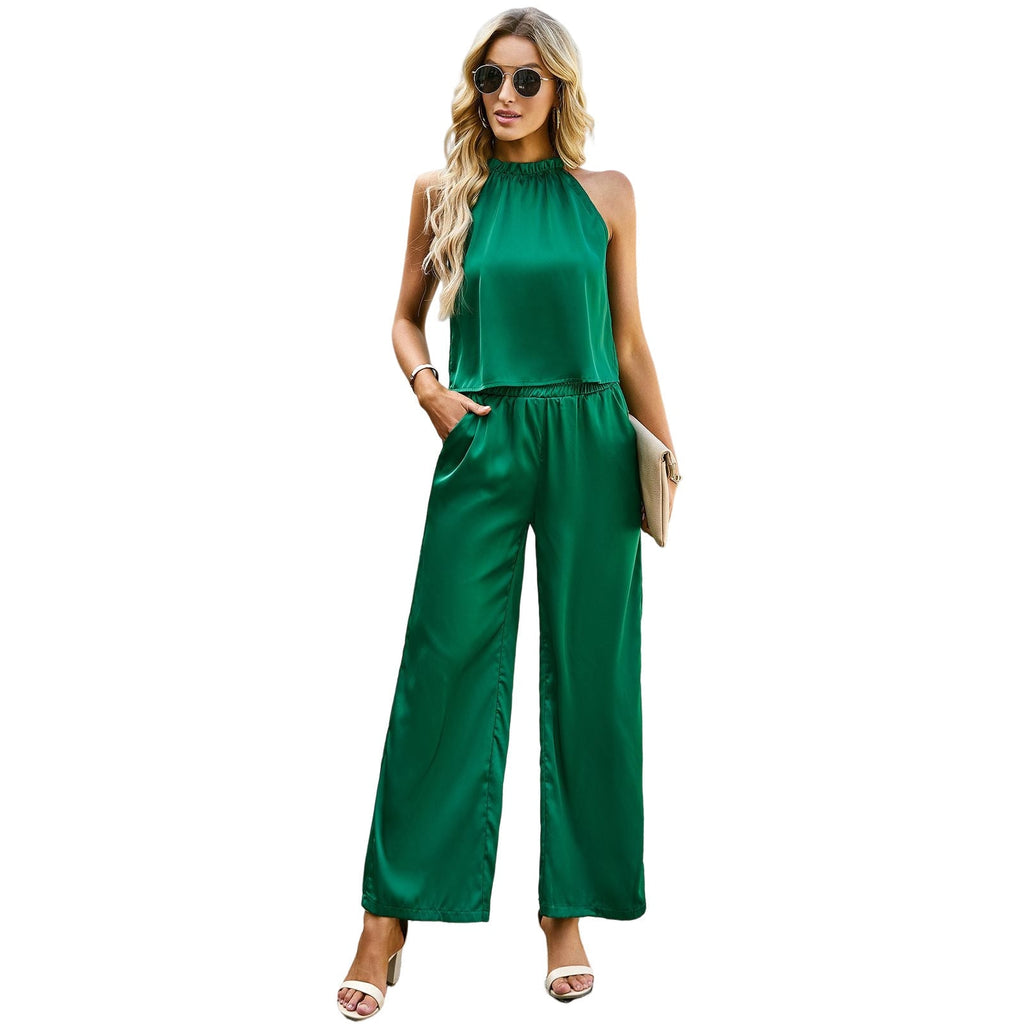 Women's elegant jumpsuit with flared leg and high collar, size