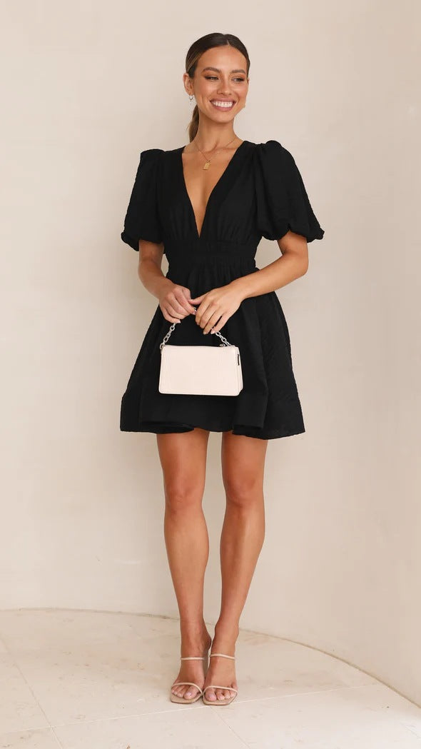 Valenzora | Summer Sweet Deep V-Neck Waist Slimming Pleated Puff Sleeve Dress