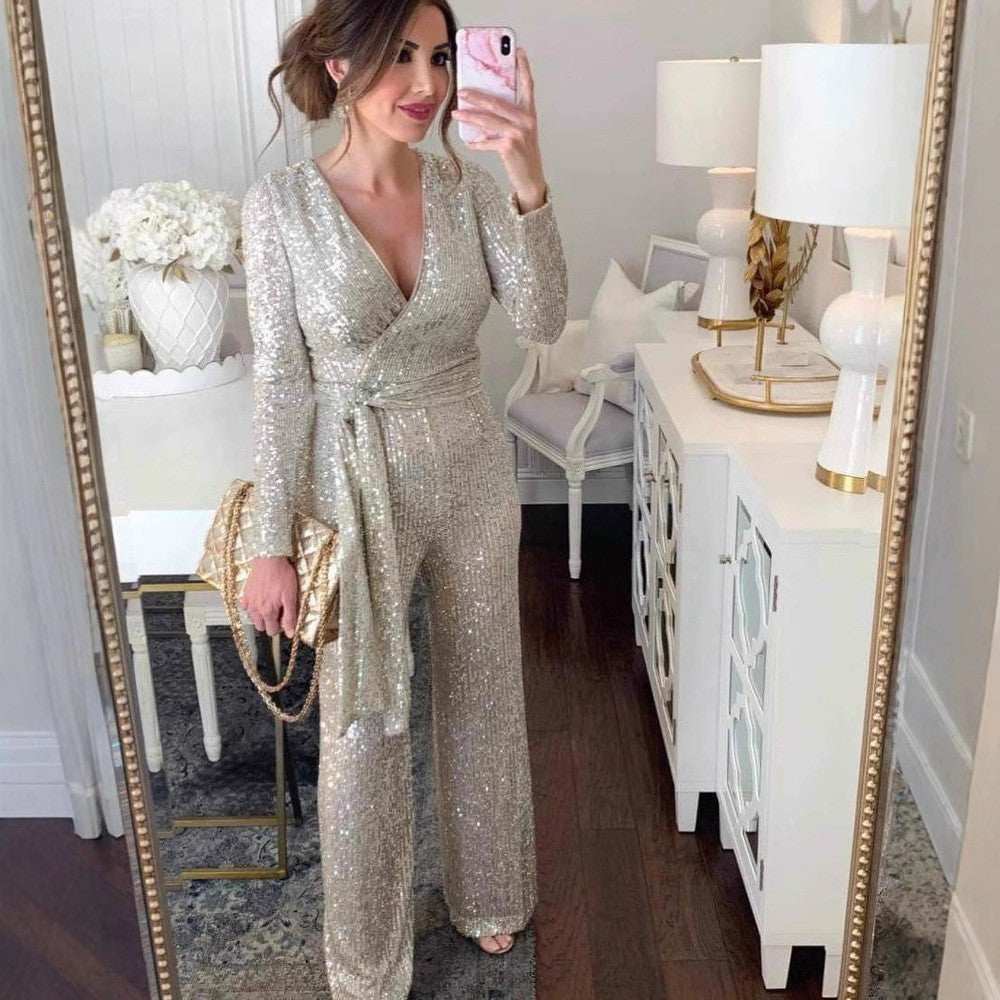Women's glamorous jumpsuit with sparkling sequins and elegant deep V-neck, size [size]