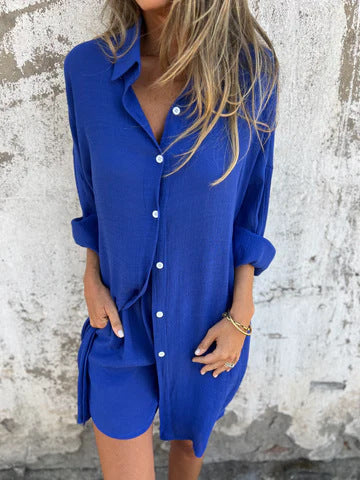 Lässiges Damen-Hemdkleid mit kurzen Ärmeln und praktischen Taschen, Größe S