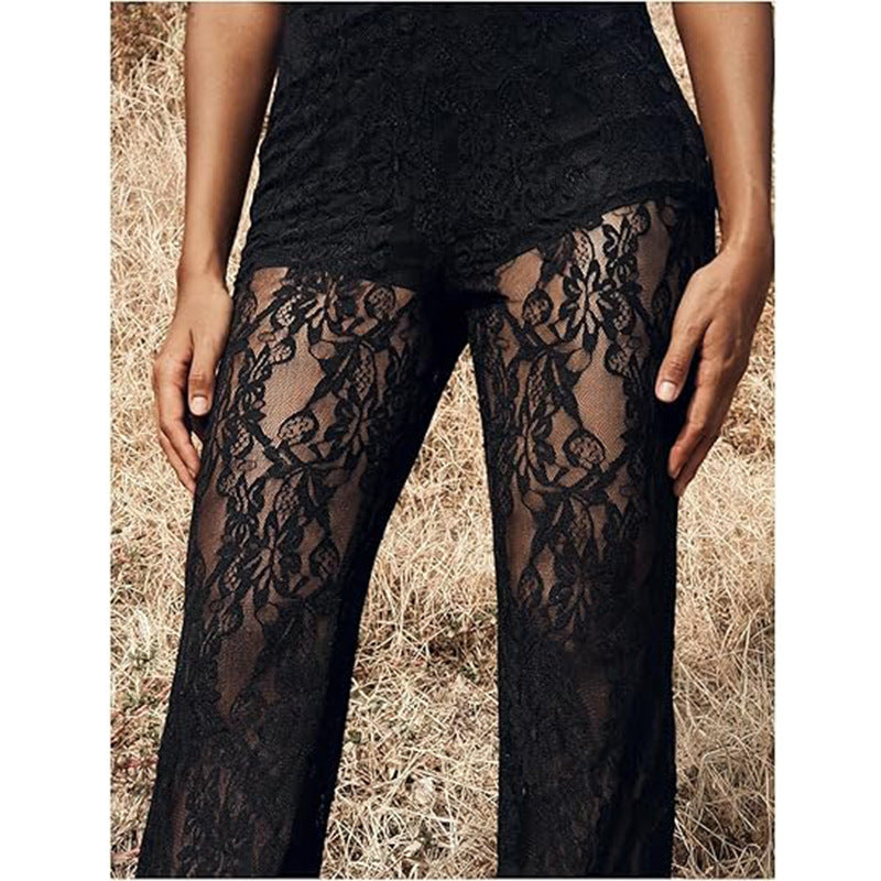 Women's elegant lace trousers with a high waist and wide leg, size