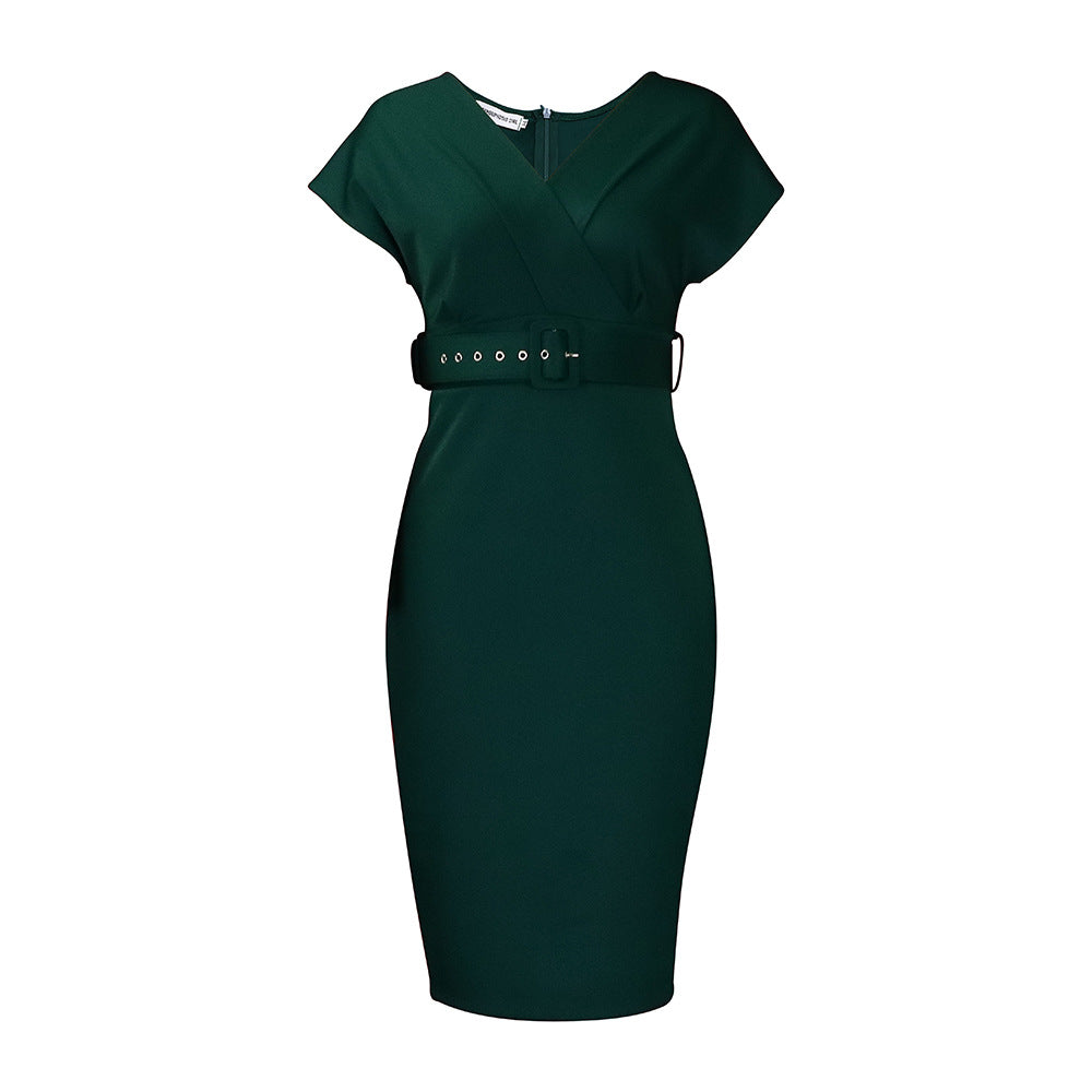Valenzora | Women's V-neck fitted midi dress with belt