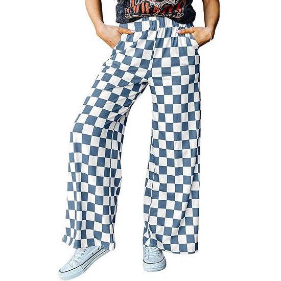Women's checked palazzo trousers with elasticated waistband and practical side pockets, size Valenzora