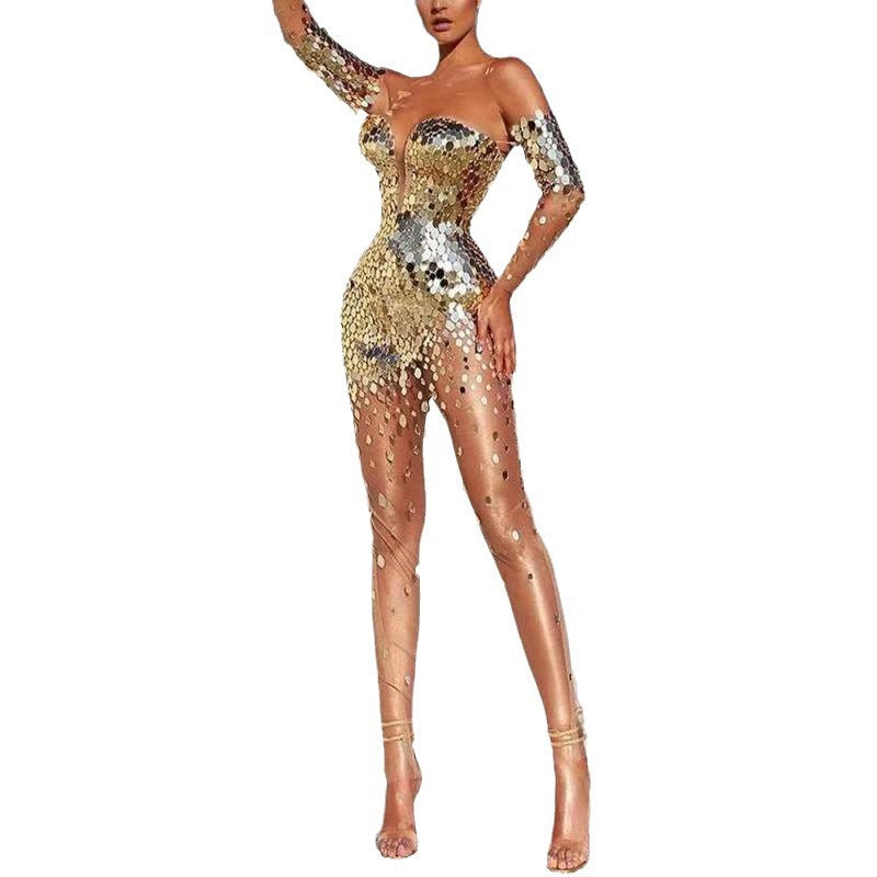 Women's glamorous party dress with sequins and deep neckline, size [size missing]