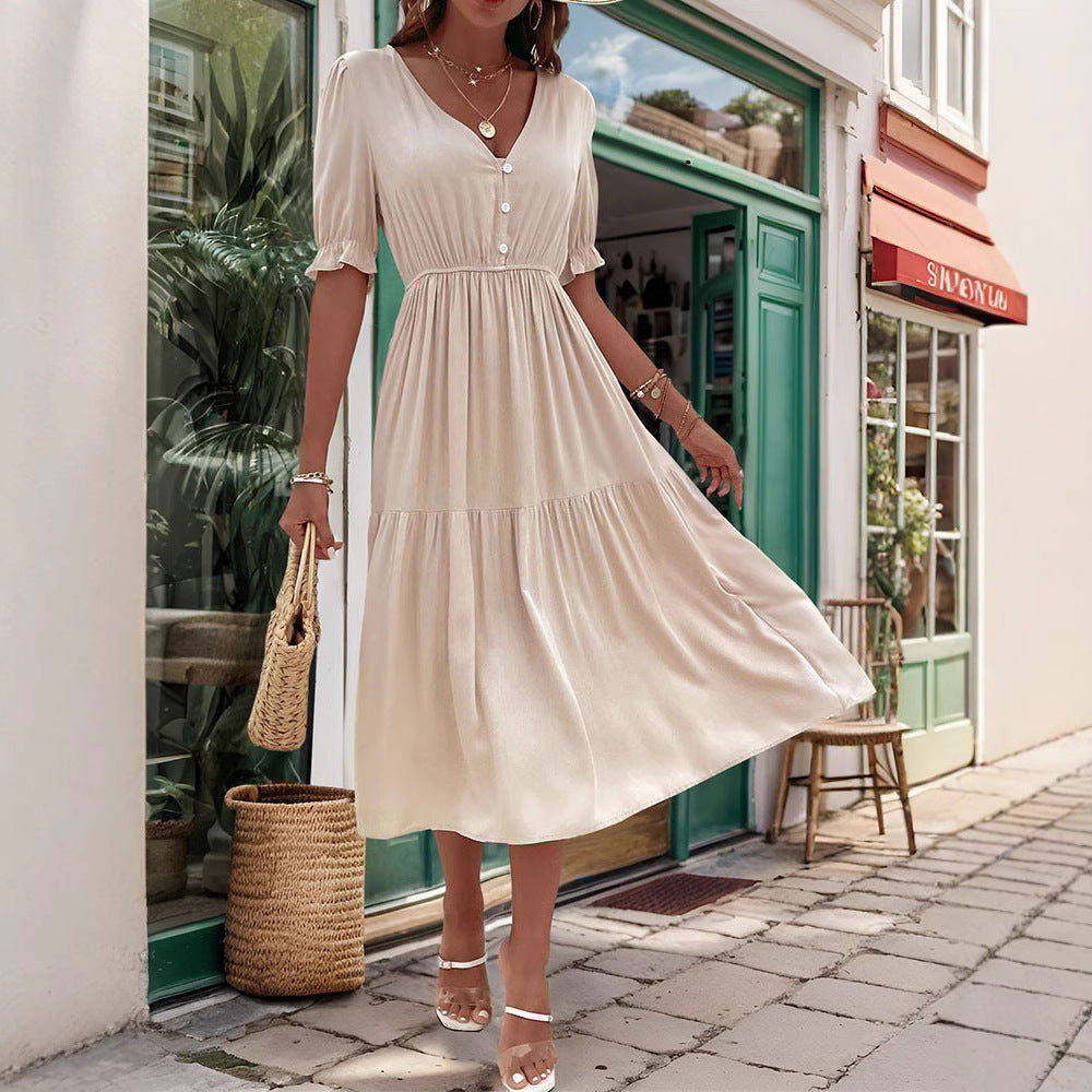 Women's midi dress with buttoned V-neck and airy puff sleeves, size