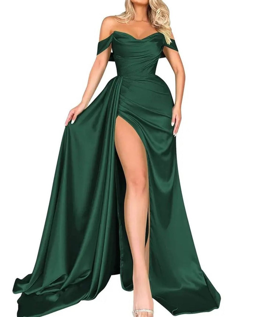 Damen schulterfreies Abendkleid mit hohem Beinschlitz und voluminösem Rock, Größe [Größe fehlt]