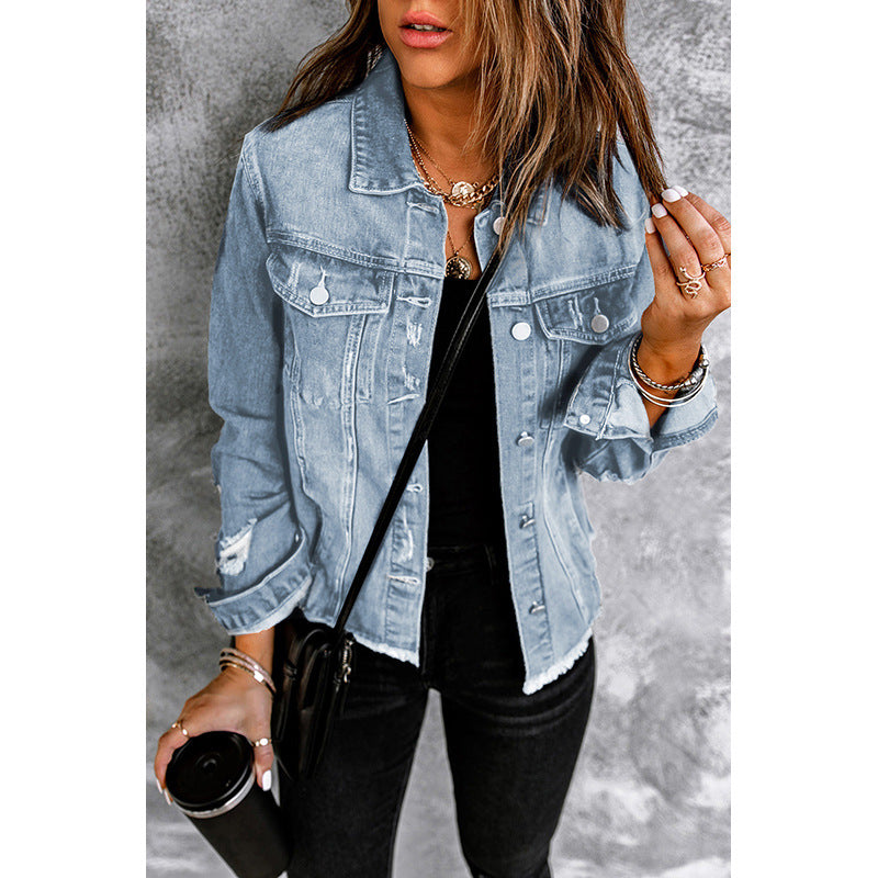Women's denim jacket with a relaxed fit and functional pockets, size