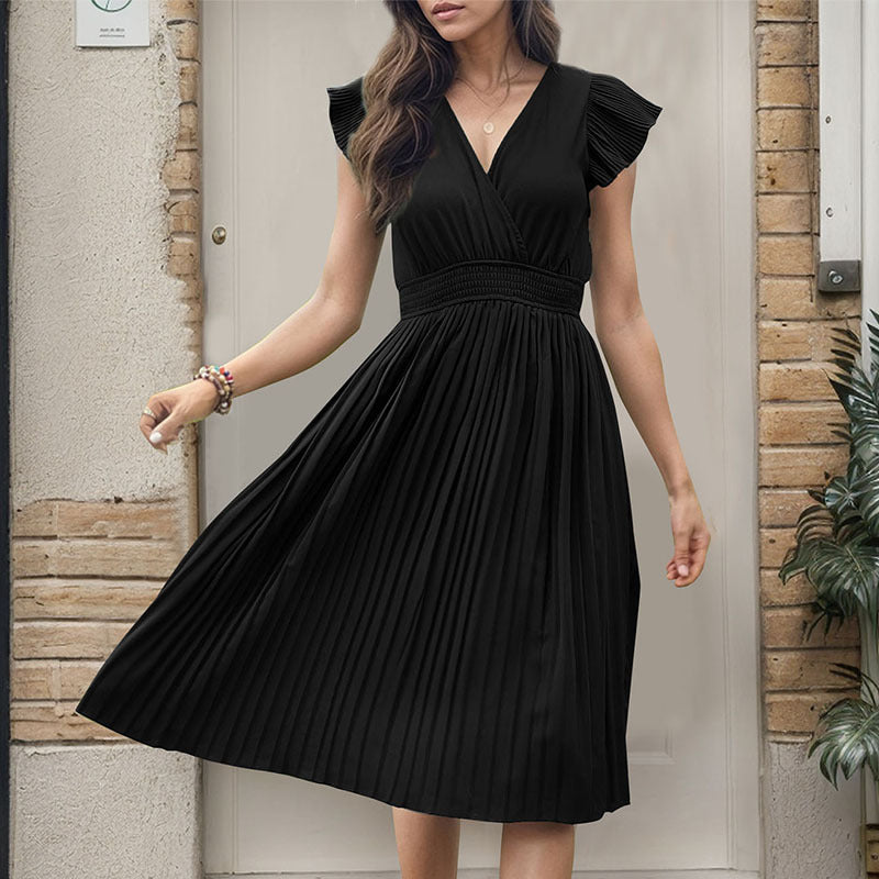 Women's midi dress with elegant pleated detail and V-neck, size