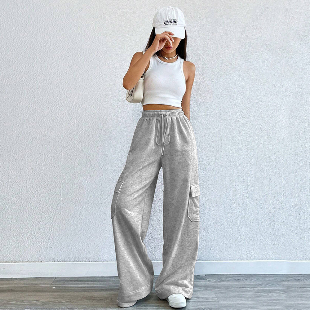 Women's wide-leg cargo trousers with elasticated waistband, size