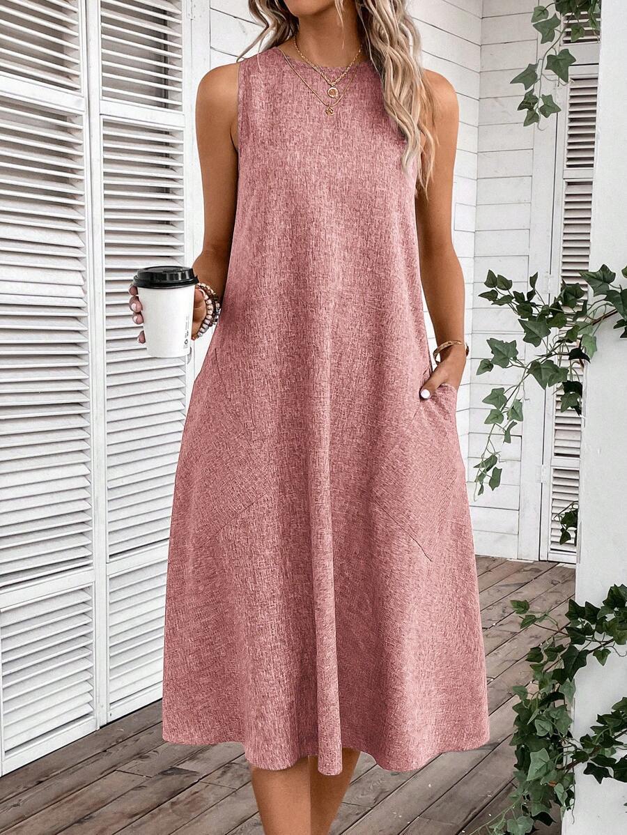 Women's casual midi dress with a deep neckline and practical pockets, size S