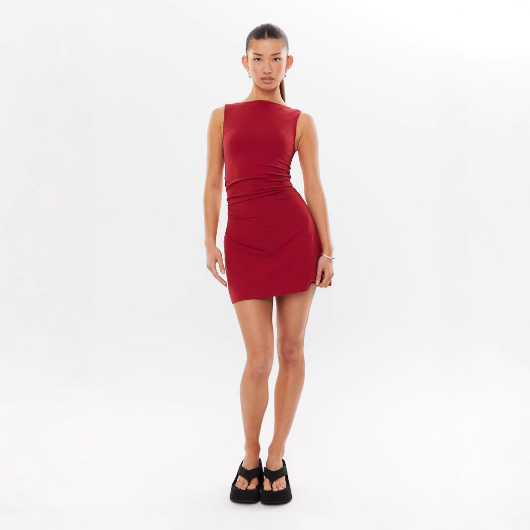 Women's sleeveless mini dress with elegant ruching, size