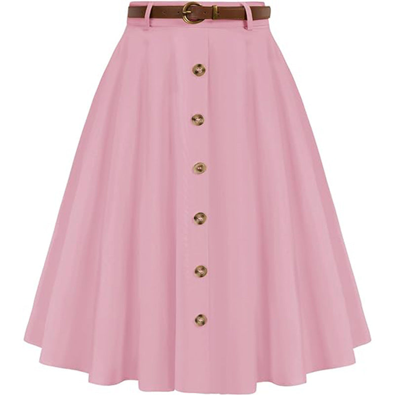 Women's A-line skirt with button placket and belt, size