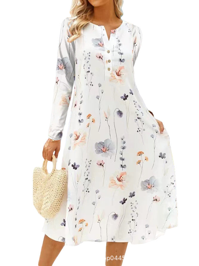Valenzora | Printed V-neck button-up long-sleeved dress