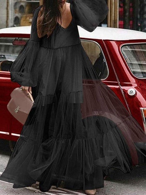 Valenzora | Puff Sleeve Tulle Sheer Long Skirt Dress