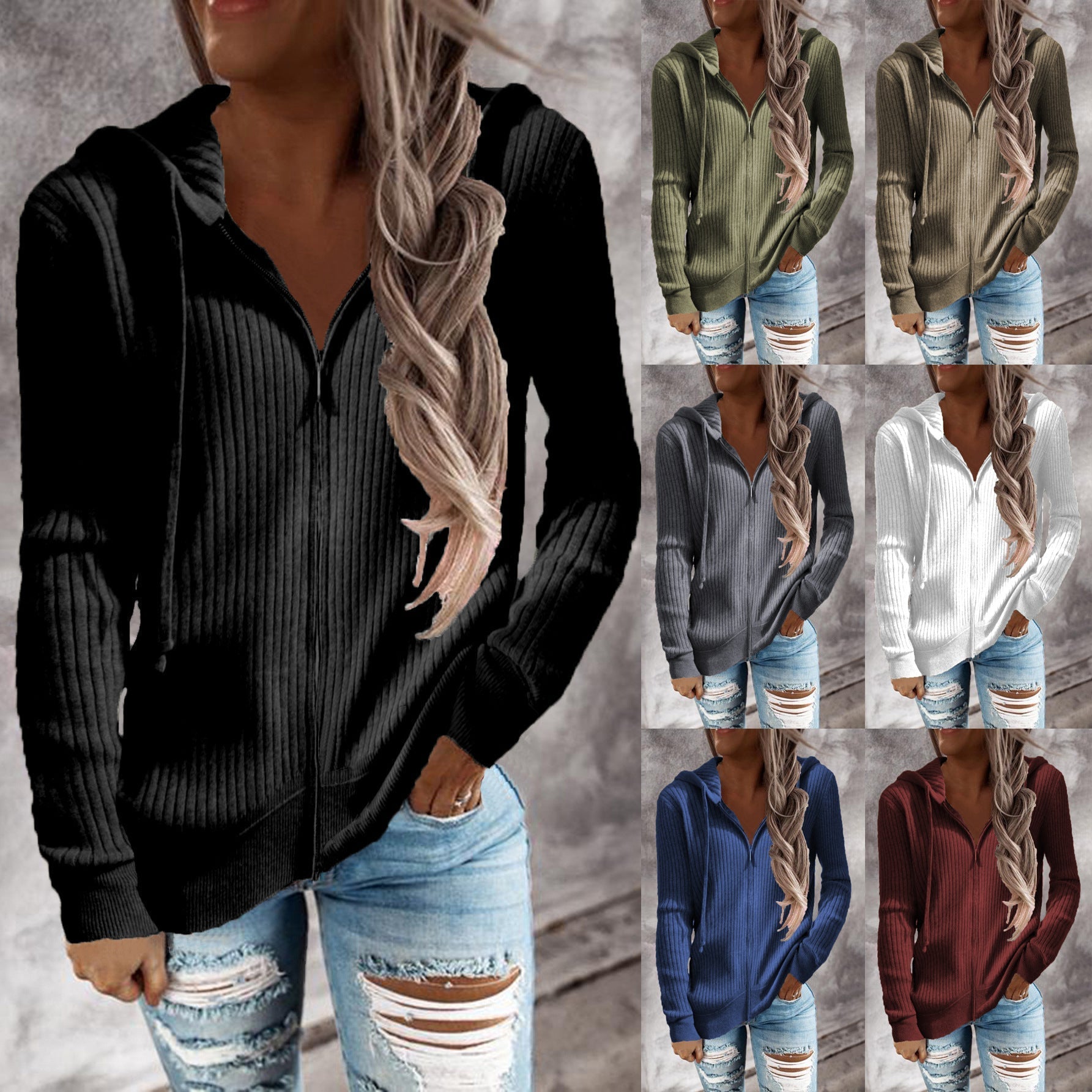 Women's hooded jacket with ribbed texture and practical pockets, size