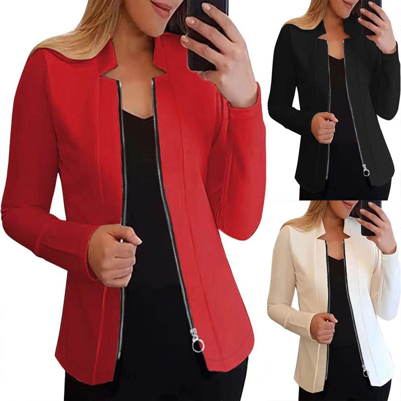 Women's modern blazer jacket with asymmetrical zipper and figure-hugging cut, size S