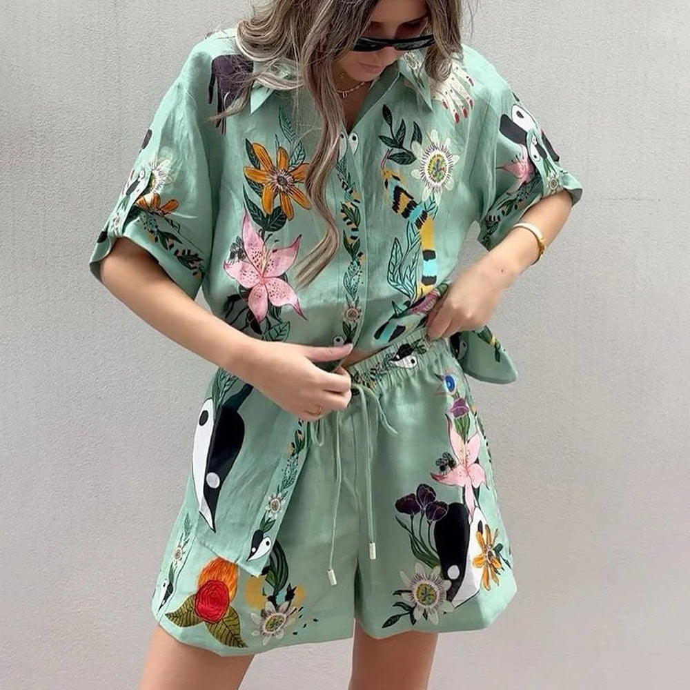 Valenzora | Summer Print Shirt Shorts Loose Casual Two-Piece Set