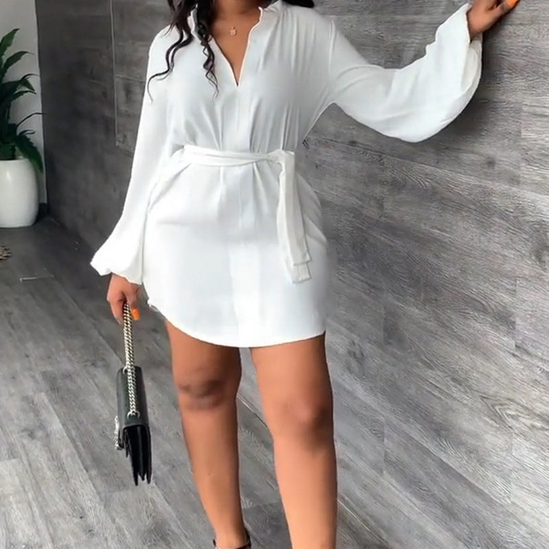 Damen Hemdblusenkleid mit elegantem Taillengürtel und ballonartigen Ärmeln Drune