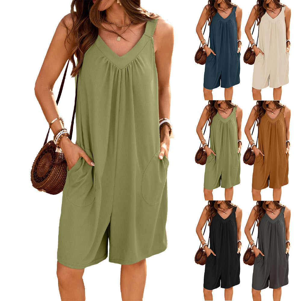 Women's sleeveless jumpsuit with deep V-neck and practical pockets, size S