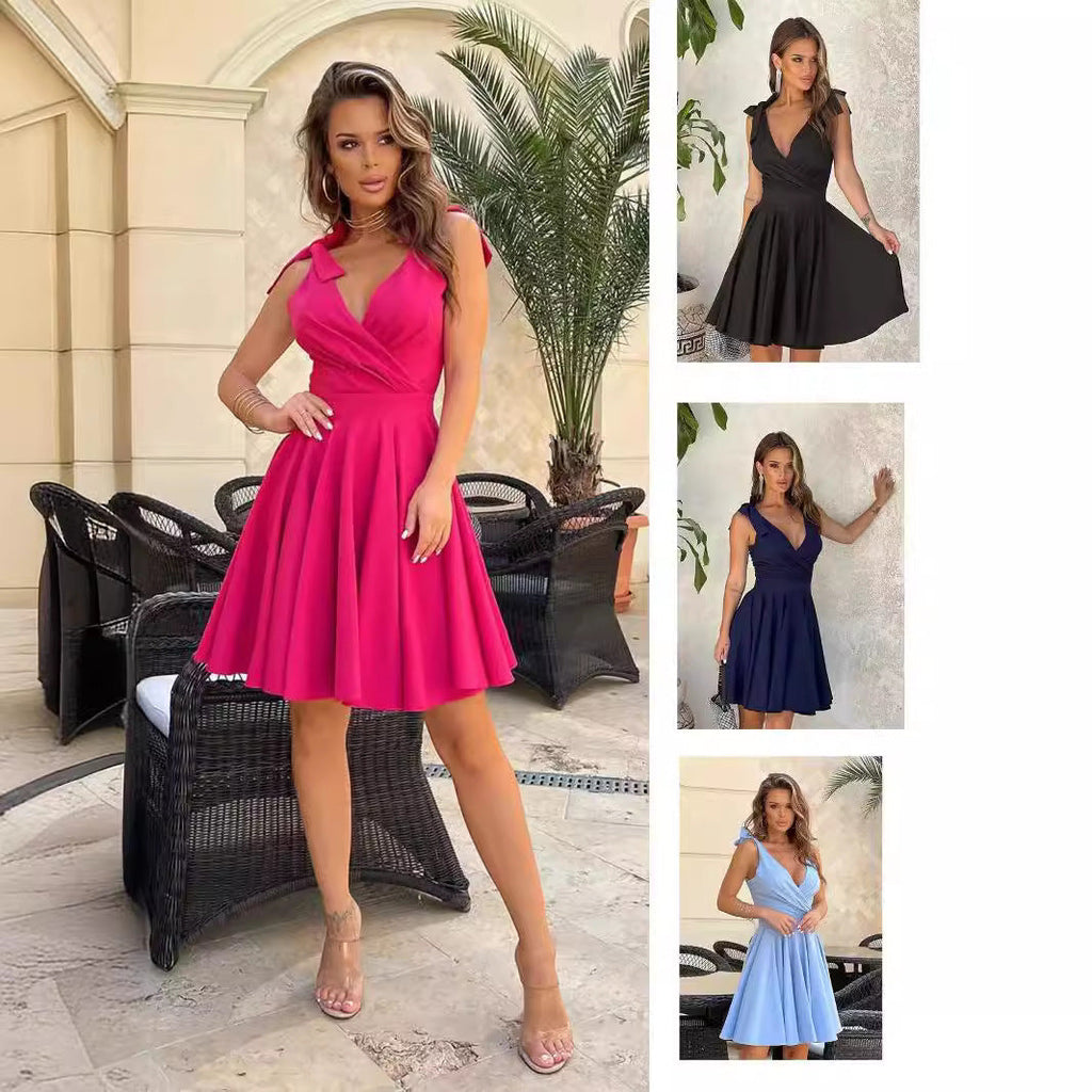 Valenzora | Sleeveless solid color deep V-neck mini dress