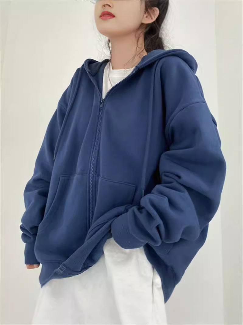 Valenzora Zip-up Oversized Solid Pocket Hooded Long Sleeve Loose Baseball Jacket