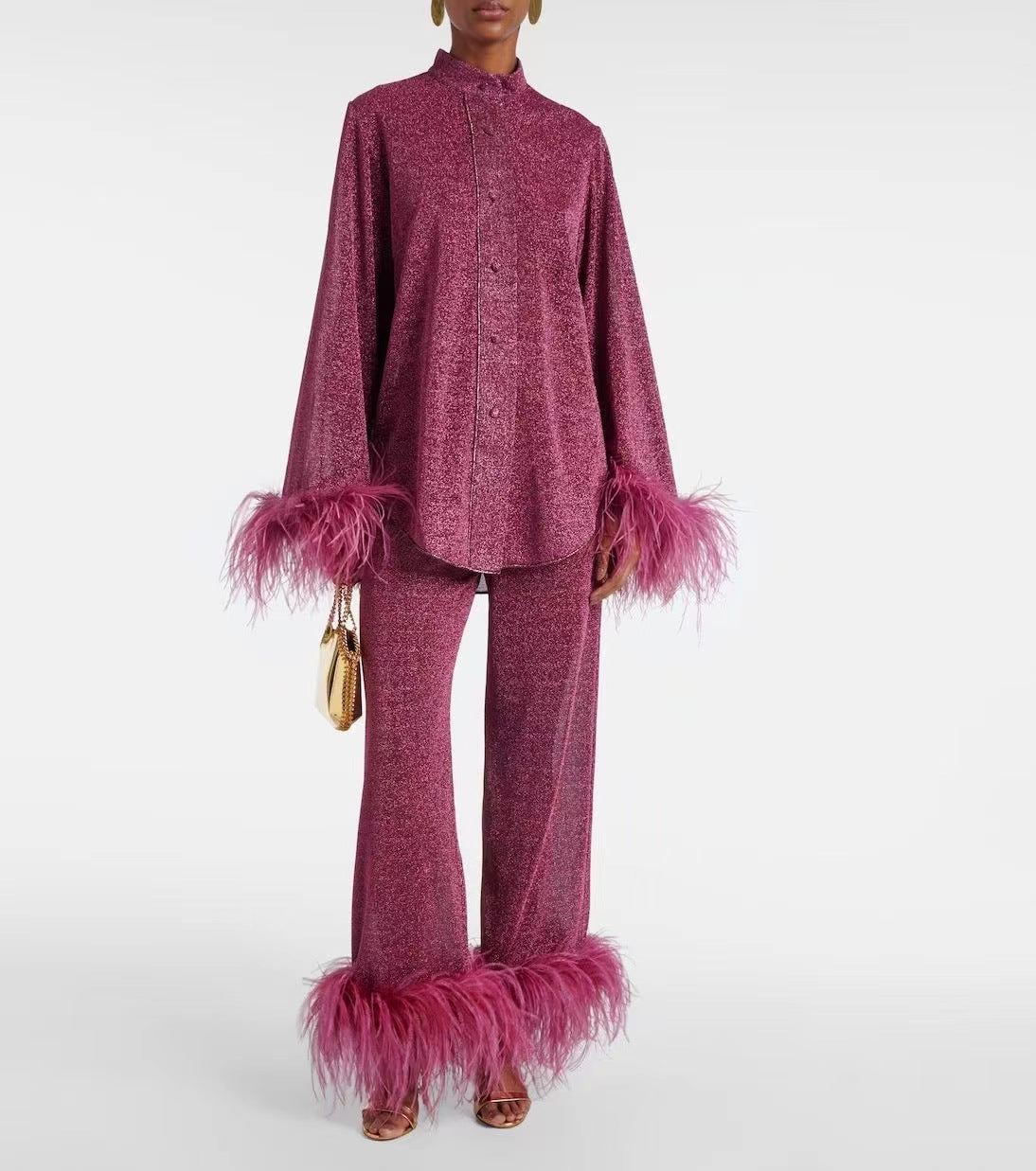 Valenzora | Autumn Winter Feather Stand-up Collar Long Sleeve Top and Trousers Set
