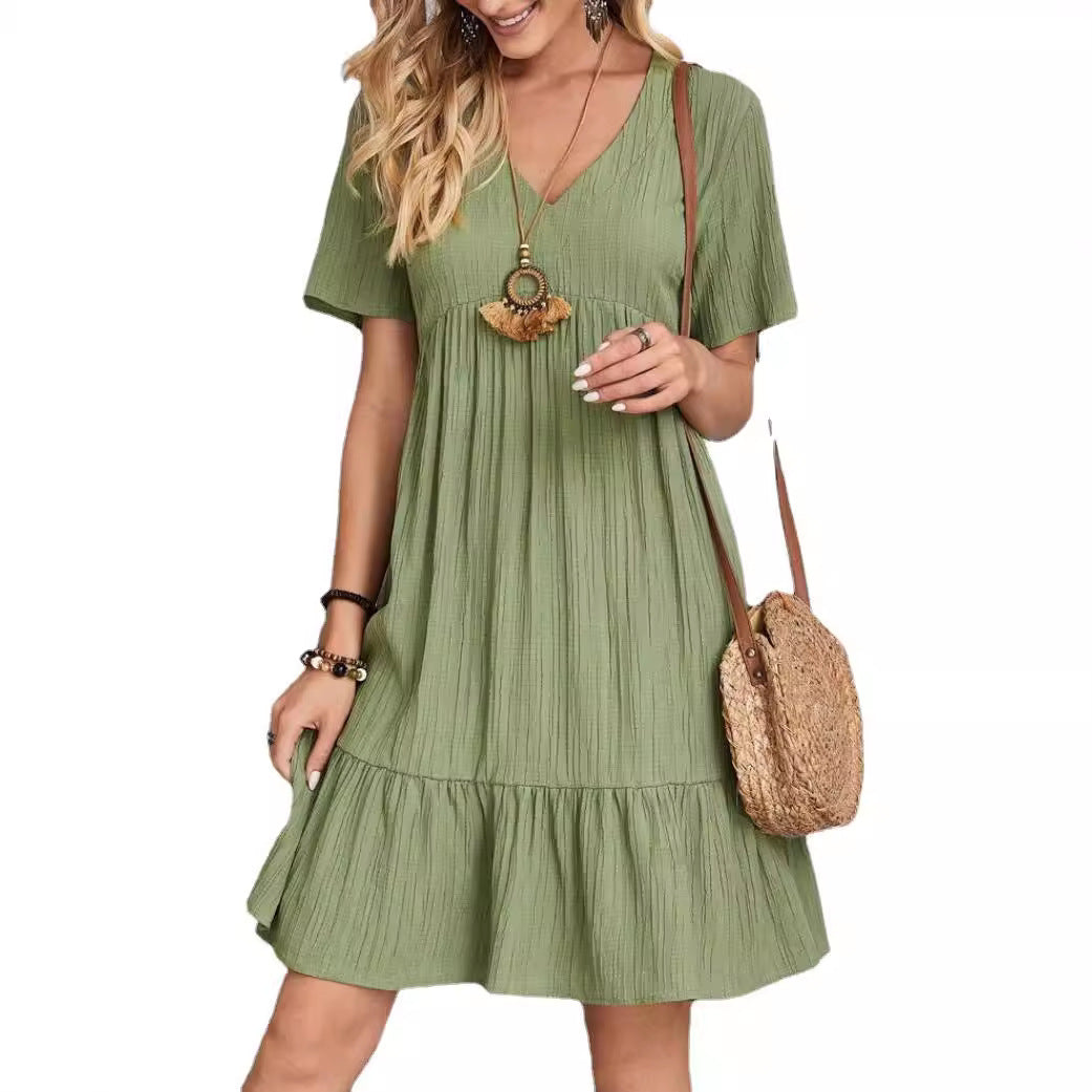 Damen Freizeitkleid mit voluminösem Saum und V-Ausschnitt, Größe